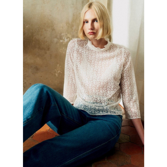 Sezane Amal Lace Sheer Mock Neck Blouse Size 38 Ecru Elegant Feminine Romantic - Picture 2 of 12